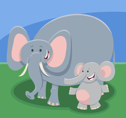 Wall Mural - funny cartoon elephant mom animal character with baby elephant