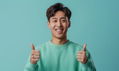 Wall Mural - Young asian man in a mint sweatshirt smiling with healthy teeth showing thumb up at copy space expressing wow emotion standing isolated on mint background