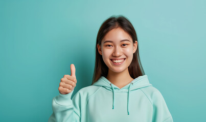 Wall Mural - Young asian woman in a mint sweatshirt smiling with healthy teeth showing thumb up at copy space expressing wow emotion standing isolated on mint background