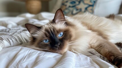 Wall Mural - Stunning youthful purebred Ragdoll feline with blue eyes resting on a home bed