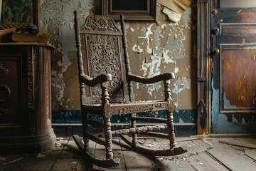 Wall Mural - An antique rocking chair with intricate carvings, standing alone in a room.