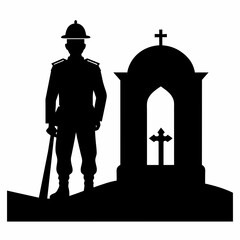 Wall Mural - A soldier standing guard at a tomb, black silhouette on a white background