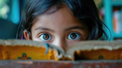 Close up of curious smart children 's eye hiding behind the comic book with blurring background. Elementary student looking at camera surrounded with diverse children. Education concept. AIG42.