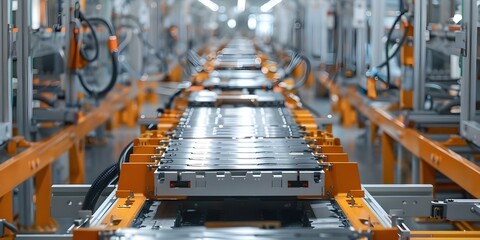 Poster - Closeup view of electric vehicle battery cell assembly line in mass production. Concept Electric Vehicles, Batteries, Manufacturing, Assembly Line, Mass Production