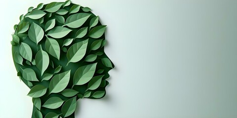 Wall Mural - Symbolism of Green Leaves in a Papercut Head Representing Mental Health and Strength Rejuvenation. Concept Symbolism, Green Leaves, Papercut Head, Mental Health, Strength Rejuvenation