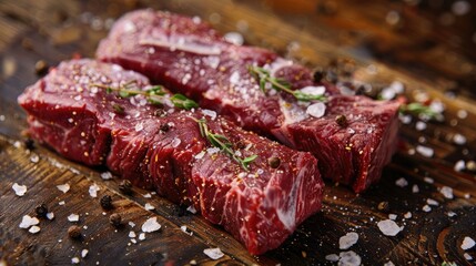 Canvas Print - Marbled beef steaks seasoned with salt and fragrant spices on a wooden surface