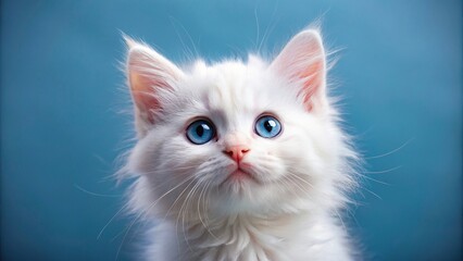 Wall Mural - A fluffy, white kitten with bright blue eyes gazes upwards with a playful expression, its tiny pink nose twitching, as if pondering a mischievous adventure, kitten, cat, playful, funny, cute