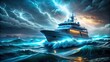 © Sanook - Futuristic ship with glowing waves calms storm on futuristic sea, Jesus, calming, storm, futuristic, ship, glowing, waves, sea, water, technology, futuristic, stormy, sky, peaceful, faith