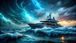© Sanook - Futuristic ship with glowing waves calms storm on futuristic sea, Jesus, calming, storm, futuristic, ship, glowing, waves, sea, water, technology, futuristic, stormy, sky, peaceful, faith