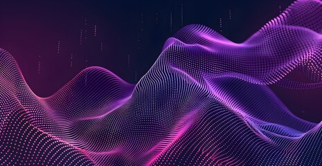 Wall Mural - Abstract wave of dots and lines in purple and pink colors on a dark background, a vector illustration design with a digital sound wave effect in the style of music poster or template
