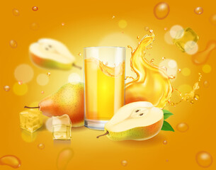 Poster - Pear juice advertising. Pear fruit slices, drinking glass, juice splash realistic vector illustration