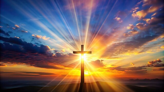 A glowing, ethereal cross silhouette rises above a colorful sunset sky, its beams extending upwards to symbolize the resurrection of Christ, christianity, easter, resurrection, faith, hope