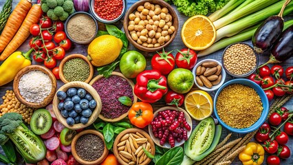 Wall Mural - Assortment of colorful vegetables, fruits, grains, and nuts for a clean eating flexitarian Mediterranean diet, healthy, food, clean eating, flexitarian, Mediterranean diet, vegetables, fruits