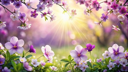 Wall Mural - Cherry blossoms and violets in morning light, cherry blossoms, sparkle, morning light, pink violets, bloom, green banks, nature, spring, serene, peaceful, fresh, vibrant, beauty, floral
