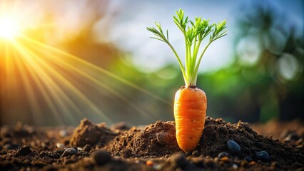 Poster - A vibrant orange carrot, its skin glistening with dew, emerges from the dark, fertile soil, bathed in warm sunlight, carrot, organic, farming, natural, fresh produce, agriculture, soil