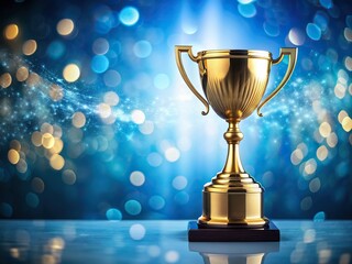 Wall Mural - Golden trophy award on soft blue background with bokeh effect, symbolizing first place or winner, gold, trophy, award, bokeh, soft, blue, background, winner, first place, success