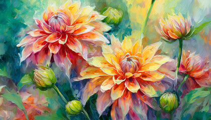 Wall Mural - Beautiful digital illustration close up of a bunch of Dahlia flowers, oil painting floral bouquet