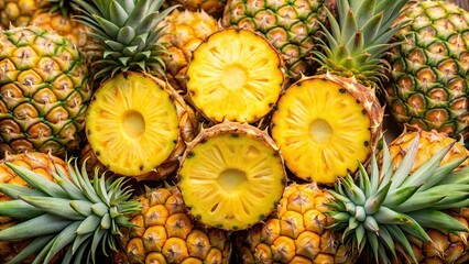 Wall Mural - A cluster of ripe pineapples, some whole and others sliced in half, showcasing their golden flesh and juicy texture, pineapple, fruit, tropical, exotic, summer, fresh, ripe, juicy, sweet