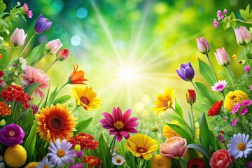 Wall Mural - Vibrant abstract background featuring a burst of colorful blooming flowers and lush green leaves, creating a dynamic and joyful springtime scene, spring, abstract, background, flowers