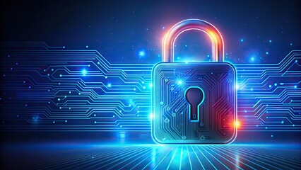 Wall Mural - A futuristic digital padlock with glowing lines and vibrant colors against a blue background symbolizes safety and security in the digital age, digital padlock, glowing padlock, security