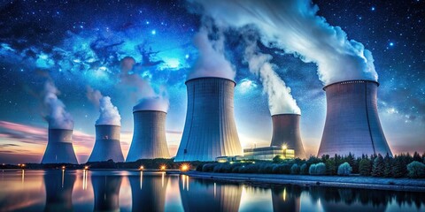 A towering, futuristic nuclear power plant bathed in an ethereal blue glow, with steam rising from cooling towers against a backdrop of a starry night sky , nuclear power plant