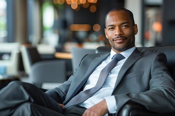 Wall Mural - Confident African American Man in Sharp Suit Prepares for Successful Job Interview in Modern Office Setting.