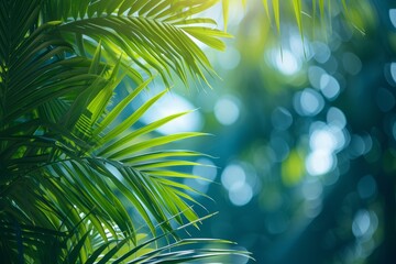 Wall Mural - Abstract green blurred background of palm leaves