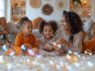 Single mom and two babes enjoy a game of bubbles in the living room apartment. Concept of family life