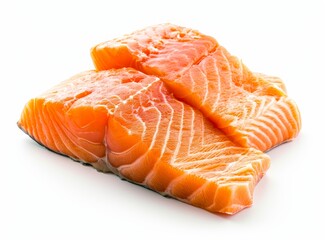 A stack of fresh, raw salmon slices on a white background.