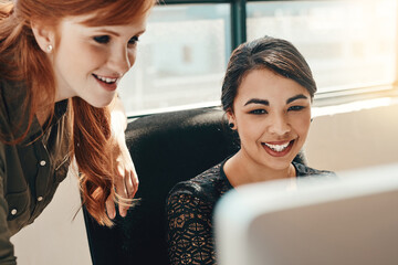 Aufkleber - Business people, computer and women with teamwork, connection and planning with proposal, project and ideas. Staff, employees and internet with pc, cooperation and collaboration with productivity