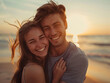 © JMDuran Photography - Portrait of a happy young couple smiling on a summer sunset at the beach at sunset.
