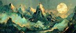 © 3D - Beautiful glowing mountains and moon design. Wallpaper. AI generated illustration
