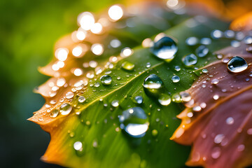 Wall Mural - dew on leaf. Very beautiful illuminated water droplets on surface of green leaf or stem of grass, symbol of fragility and purity nature.