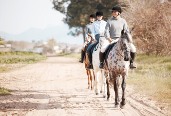 Canvas Print - Women, adventure and horses in countryside for fitness, exercise and training for sport in nature. Friends, group and together with animal or pet in summer for sunshine, travel and freedom on pathway