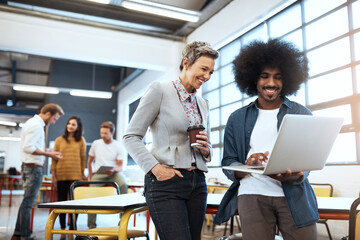 Wall Mural - Woman, partner and tablet with meeting office for planning, ideas or collaboration as web design of agency growth. Smile, man and staff on digital tech for research, brainstorming or media project