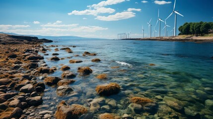 Wind turbines in the sea. Beautiful nature landscape with wind turbines.