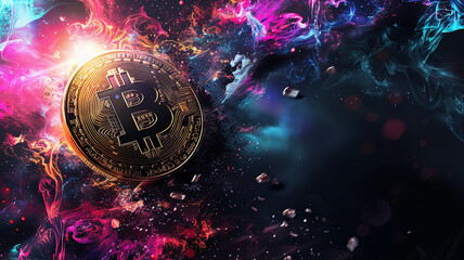 Wall Mural - Close-up of a Bitcoin on an abstract background, highlighting the growth of cryptocurrency in the digital age