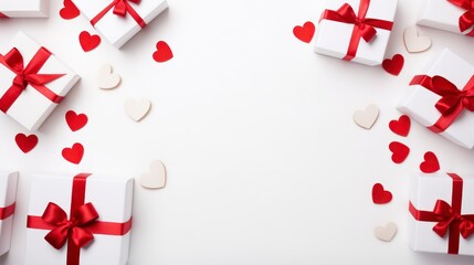 Valentine's day background. White gift boxes with red ribbons and hearts on white background