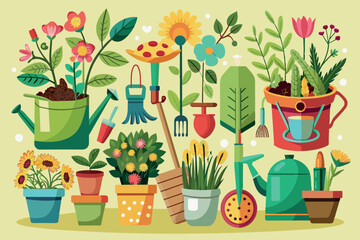 Wall Mural - This image shows a picturesque garden. It features a variety of flora, including trees, flowers, and plants of various shapes and sizes. Gardening tools such as watering cans, pots, and rakes are also