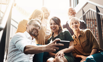 Aufkleber - Group, people and staircase with smile or phone, diversity in office with lens flare. Crowd, international or happiness with mobile technology for company profile picture, team building for employees