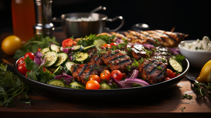 Grilled meats, fresh salads, and colorful vegetables