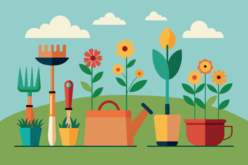 Wall Mural - This image shows a picturesque garden. It features a variety of flora, including trees, flowers, and plants of various shapes and sizes. Garden tools such as a watering can, pots, rake and shovel are 