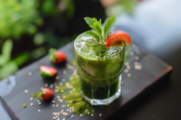 A glass of green summer cocktail standing on a wooden table, healthy food concept