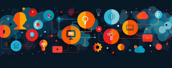 Colorful digital network with icons of tech, innovation, and communication, ideal for a tech-fueled business theme