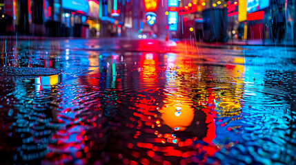 Wall Mural - A city street with a lot of neon lights and rain