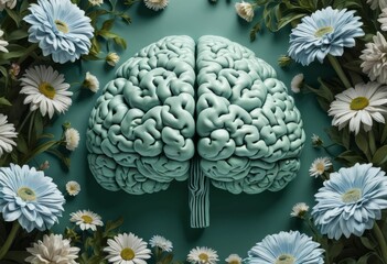 Wall Mural - an artistic illustration of a brain surrounded by flowers