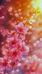 Poster - Spring flowers bloom. Cherry Blossom Blossoming Cherry Tree In Full Bloom On Blue pink Sky Background, Sakura Flower. Japanese Garden in Spring. Flowering of a Fruitful Plant. Fresh Blossoms Petals. 