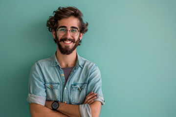 A close up portrait of a young man with a subtle smile