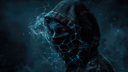 Wall Mural - Hacker wearing a mask with digital effects on dark background. Concept Hacker, Mask, Digital Effects, Dark Background, Technology