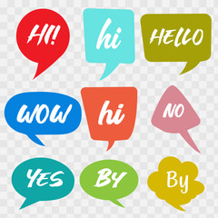 Wall Mural - Hi, Hello. Banner, speech bubble, poster and sticker concept with text. White bubble message on bright yellow background. Greet and hi symbol. Flat illustration Vector Illustration, eps 10